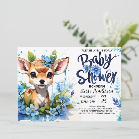 少年のためのウッドランドアドベンチャーと青い赤ちゃんシャワー 招待状 (スタンド正面)