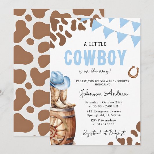 少年のためのカジュアルなウェスタン風ベイビーシャワー 招待状 (正面/裏面)