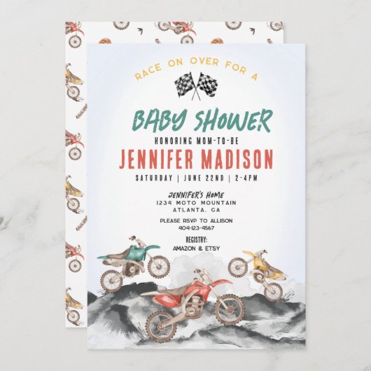 少年のためのダートバイクレース赤ちゃんシャワー招待状 招待状 (正面/裏面)