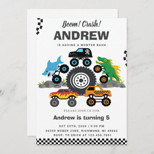 少年のためのパーソナルモンスタートラック誕生日パーティー 招待状 (正面/裏面)