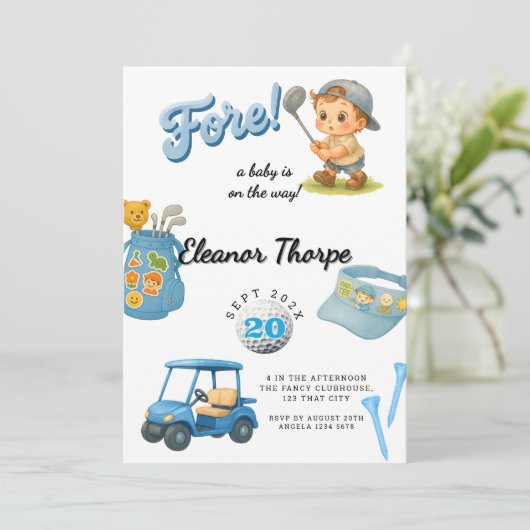 少年のためのブルーゴルフベビーシャワー招待状 招待状 (スタンド正面)