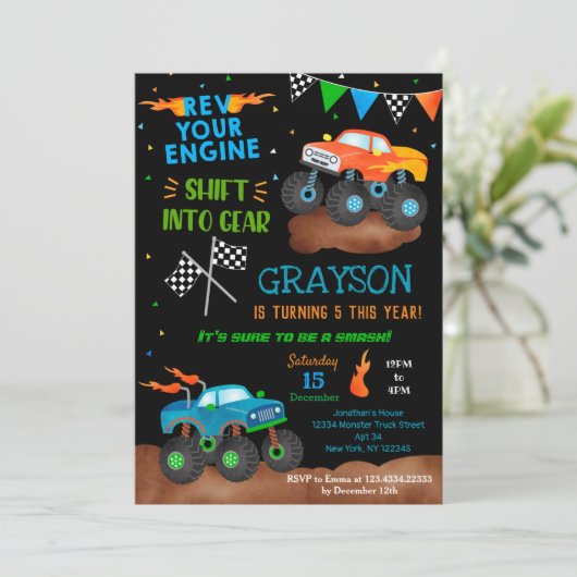 少年のためのモンスタートラックバースデーパーティ招待状 招待状 (スタンド正面)
