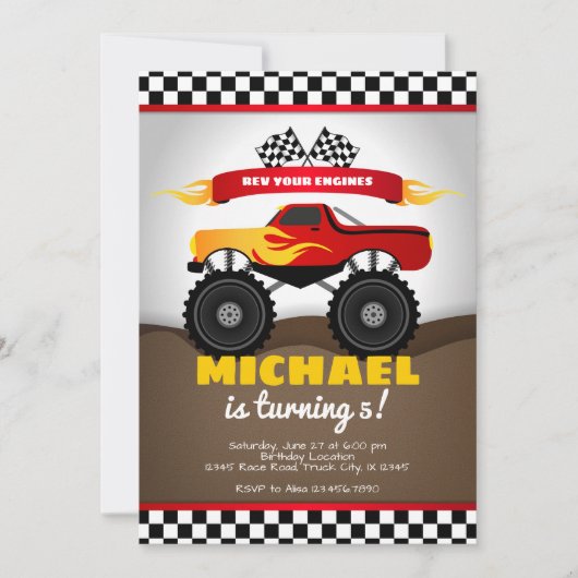 少年のためのモンスタートラック誕生日招待状 招待状 (正面)