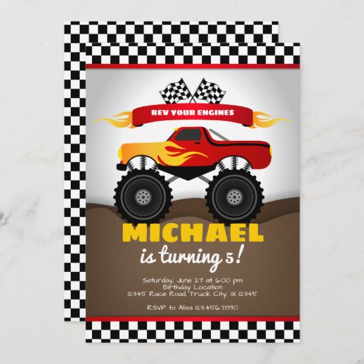 少年のためのモンスタートラック誕生日招待状 招待状 (正面/裏面)