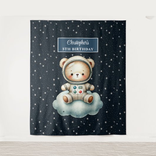 少年のための可愛いテディ宇宙飛行士パーティーの背景 タペストリー (正面)