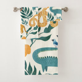 少年のための可愛い野生動物のパターンlブルーイエロー バスタオルセット