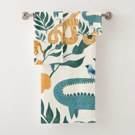 少年のための可愛い野生動物のパターンlブルーイエロー バスタオルセット (インサイチュ)