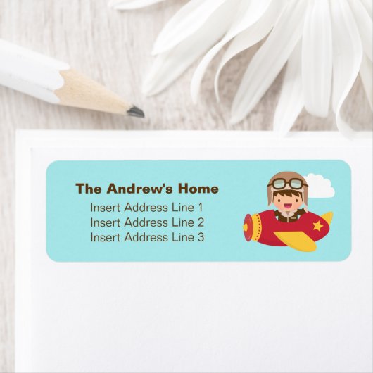 少年のための可愛い飛行機少年の飛行機の冒険 ラベル (インサイチュ)