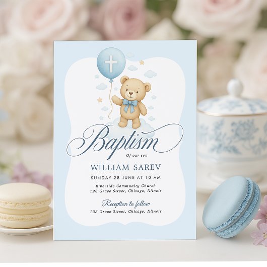 少年のための曲線テディベアバプテスマ招待状 招待状