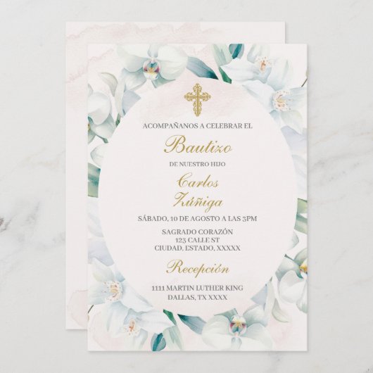 少年のための白フローラフレームの洗礼 招待状 (正面/裏面)