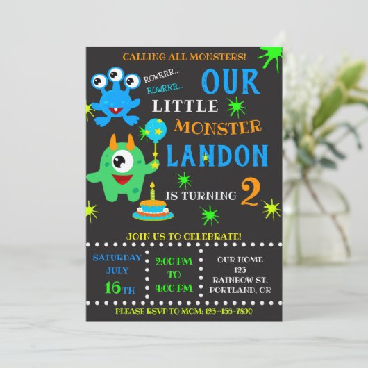 少年のための私たちの小さなモンスターの誕生日の招待 招待状 (スタンド正面)