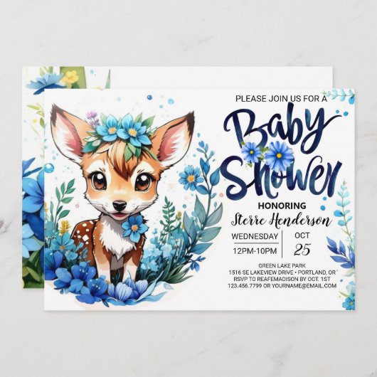 少年のための野草と鹿の赤ちゃんシャワー 招待状 (正面/裏面)