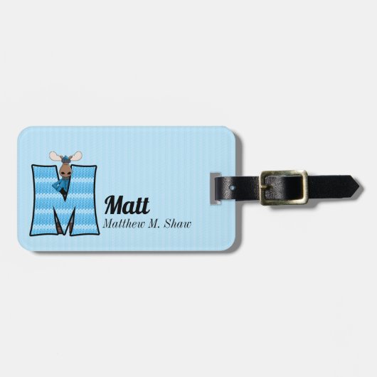 少年のための青いムースストライプの手紙M ラゲッジタグ (正面横)