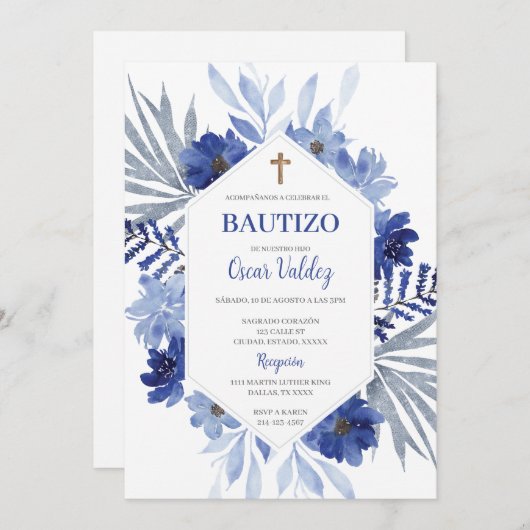 少年のための青フローラスペインのバプテスマ招待状 招待状 (正面/裏面)