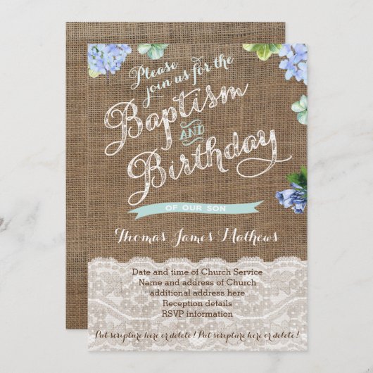 少年のためのBurlapバプテスマと誕生日招待状 招待状 (正面/裏面)