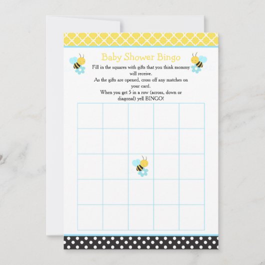 少年ののまわりに黄色と黒の赤ちゃんシャワービンゴ 招待状 (正面)