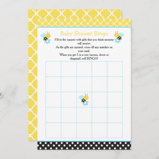 少年ののまわりに黄色と黒の赤ちゃんシャワービンゴ 招待状 (正面/裏面)