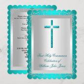 少年のはじめての聖体拝領 シルバー 翡翠 ティール 2 招待状 (正面/裏面)
