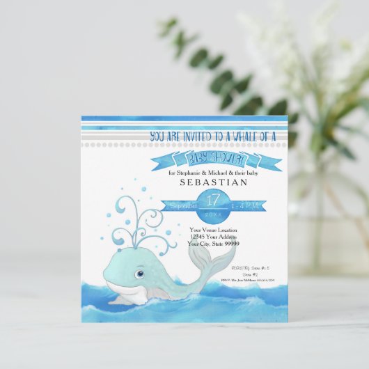 少年のクジラがかわいいアクアブルーグレーをシャワー 招待状 (スタンド正面)