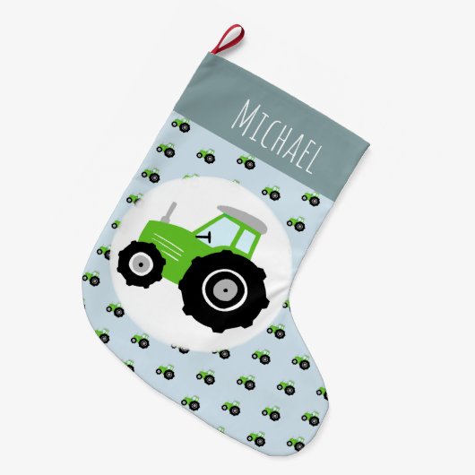 少年のグリーンファームトラクターのパターンと名前キッズ ラージクリスマスストッキング (正面 (吊り時))