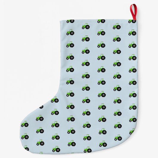 少年のグリーンファームトラクターのパターンと名前キッズ ラージクリスマスストッキング (裏面)