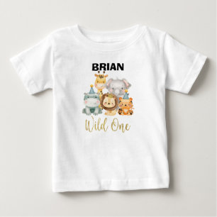 少年のサファリ動物の野生ワン誕生日シャツ ベビーTシャツ