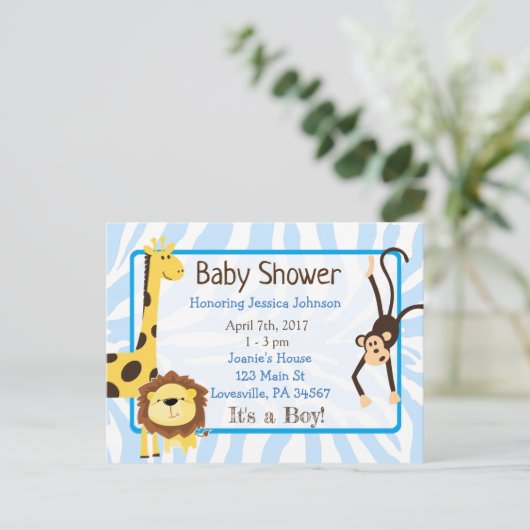 少年のジャングルまたは動物園の動物をテーマにした赤ちゃんシャワー インビテーションポストカード (スタンド正面)