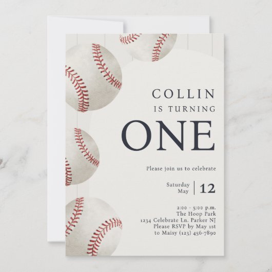 少年のネイビーブルー野球1歳のパーティー 招待状 (正面)