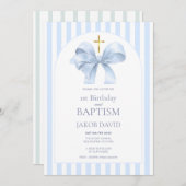 少年のバプテスマと一歳のバースデーブルーストライプ 招待状 (正面/裏面)