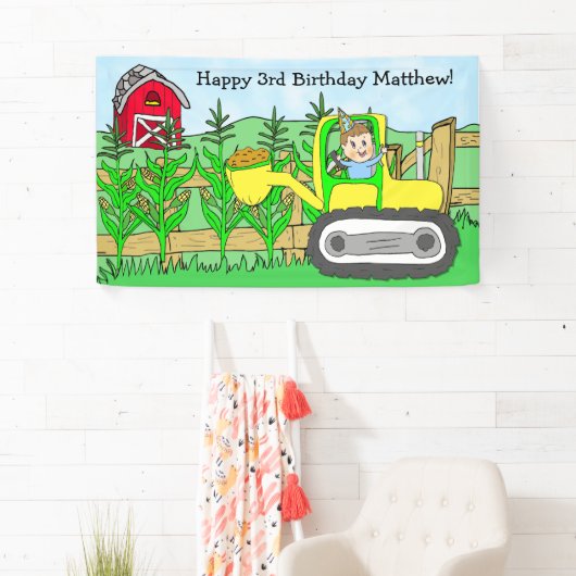 少年のパーソナライズされた農場をテーマにした誕生日パーティー 横断幕 (インサイチュ)