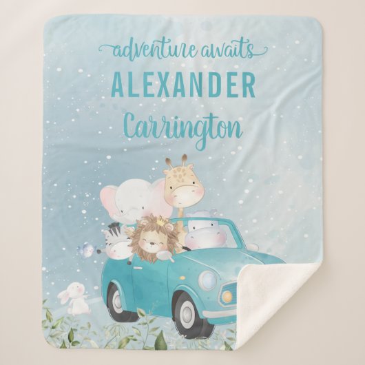 少年のブランケットの冒険を待つ – サファリの動物 シェルパブランケット (正面)