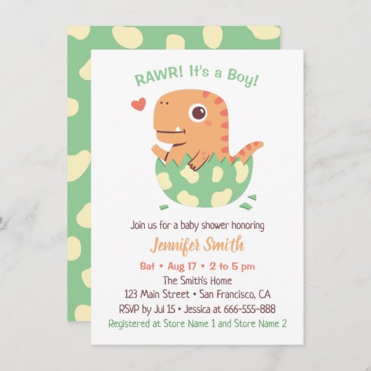 少年のベビーシャワーで可愛い恐竜 招待状 (正面/裏面)