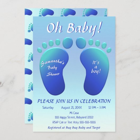 少年のベビー足ベビーシャワーブルーベビーグラデーションシャワー 招待状 (正面/裏面)