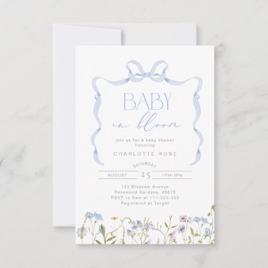 少年のベビー開花ブルーボウフローラ赤ちゃんシャワー 招待状 (正面)
