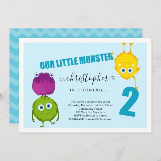 少年のモンスター第1回目の誕生日パーティの招待状 サンキューカード (正面/裏面)