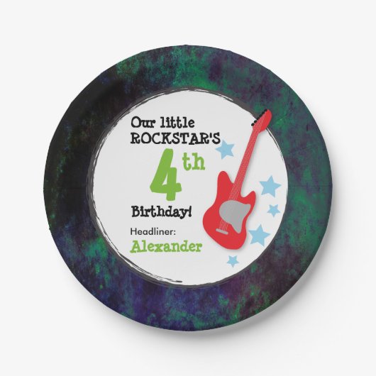 少年のロックスター誕生日とレッドギター ペーパープレート (正面)