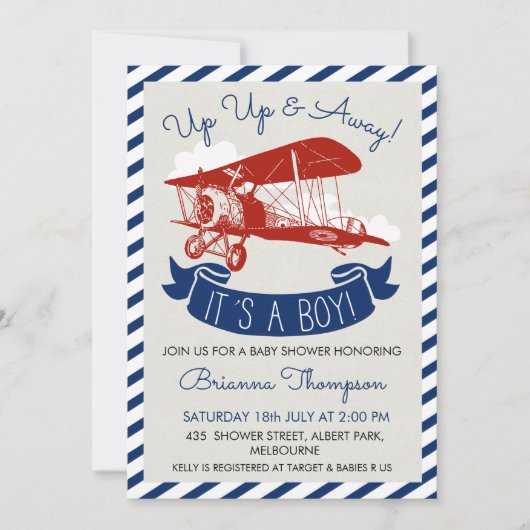 少年のヴィンテージ飛行機ベビーシャワー招待状 招待状 (正面)