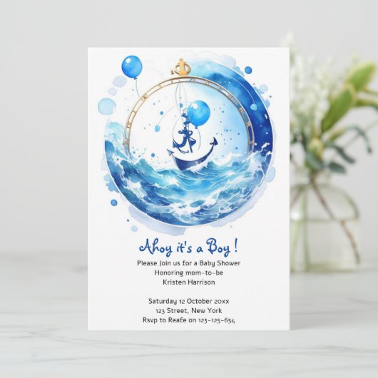 少年の冒険の水航海の色ベビーシャワー 招待状 (スタンド正面)