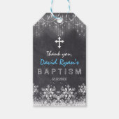 少年の冬の文字列ライト雪片チョークバプテスマ ギフトタグ (正面)
