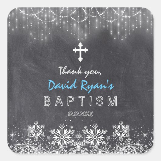 少年の冬の文字列ライト雪片チョークバプテスマ スクエアシール (正面)