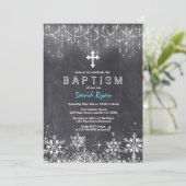 少年の冬の文字列ライト雪片チョークバプテスマ 招待状 (スタンド正面)