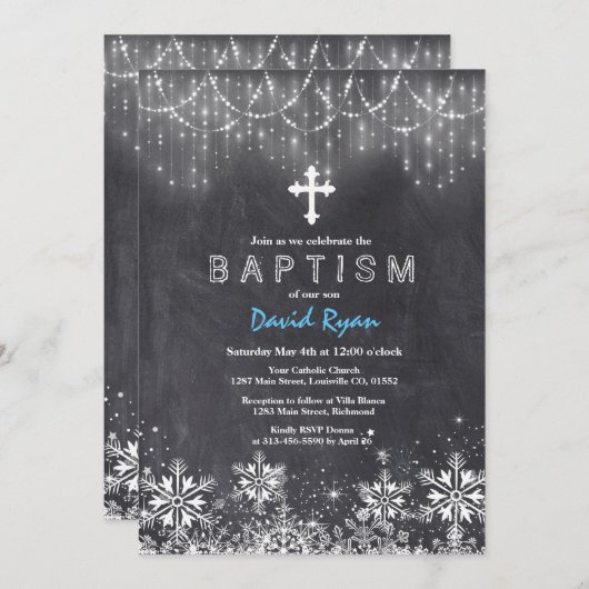 少年の冬の文字列ライト雪片チョークバプテスマ 招待状 (正面/裏面)