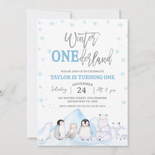 少年の北極動物冬のオネダーランド1歳の誕生日 招待状 (正面)