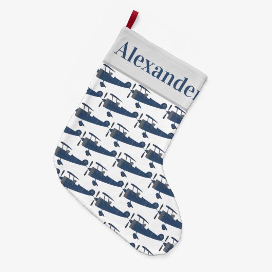 少年の名を冠した青いヴィンテージ飛行機 ラージクリスマスストッキング (正面 (吊り時))