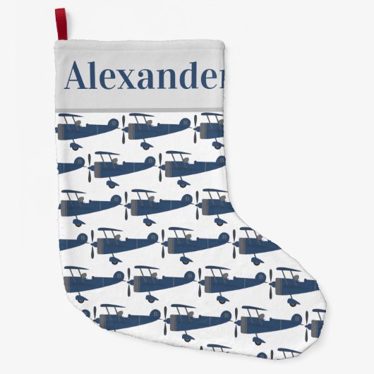 少年の名を冠した青いヴィンテージ飛行機 ラージクリスマスストッキング (正面)
