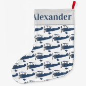 少年の名を冠した青いヴィンテージ飛行機 ラージクリスマスストッキング (裏面)