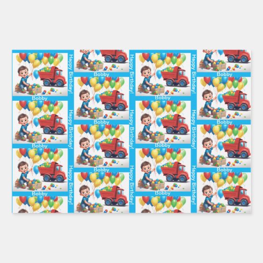 少年の名前誕生日ダンプトラック風船 ラッピングペーパーシート (正面3)
