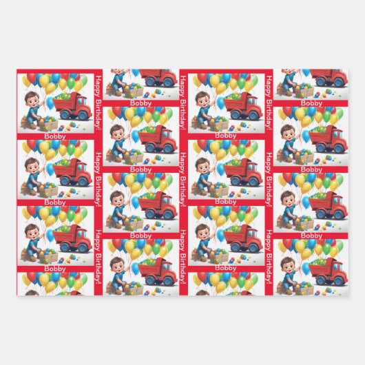 少年の名前誕生日ダンプトラック風船 ラッピングペーパーシート (正面)