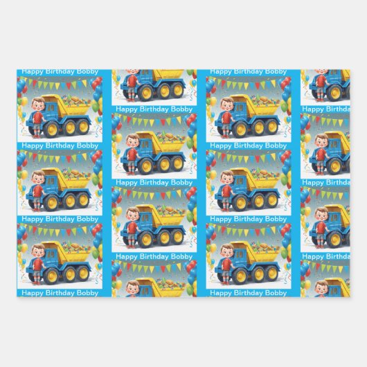 少年の名前誕生日ダンプトラック風船 ラッピングペーパーシート (正面3)