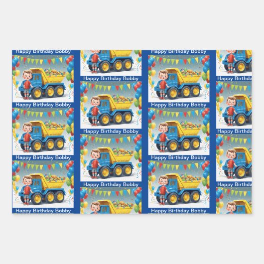 少年の名前誕生日ダンプトラック風船 ラッピングペーパーシート (正面)